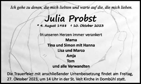 Traueranzeigen Von Julia Probst Trauer Flz De