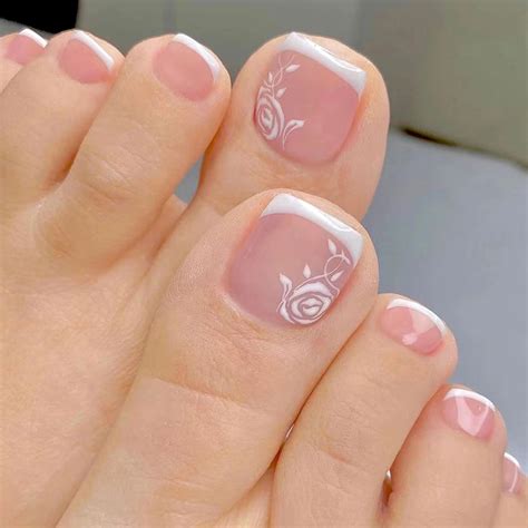 KASUWA Press On Toenails Short French Nail Tips Fake Nails White Flower