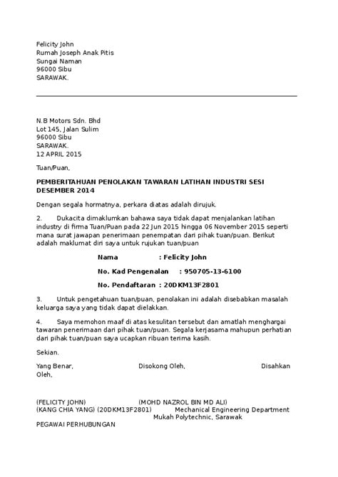 Surat Penolakan Tawaran
