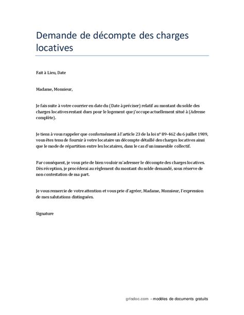 Demande De D Compte Des Charges Locatives Doc Pdf Page Sur