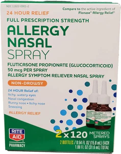 Rite Aid Allergy Relief Fluticasone Propionate Nasal Spray 50mcg 2 Spray Bottles 120 Metered