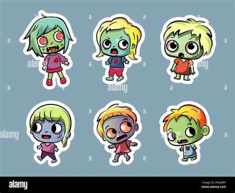 Lindo Zombie Halloween Personajes Sticker Pack Imagen Vector De Stock