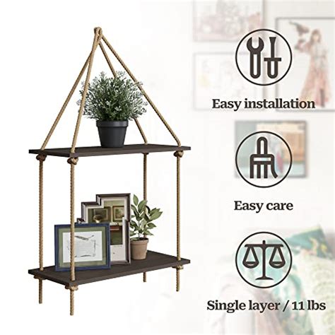 Bamfox Hanging Wall Shelves Swing Rope Floating Shelf 2 Tier Bamboo Hanging Storage Shelves For