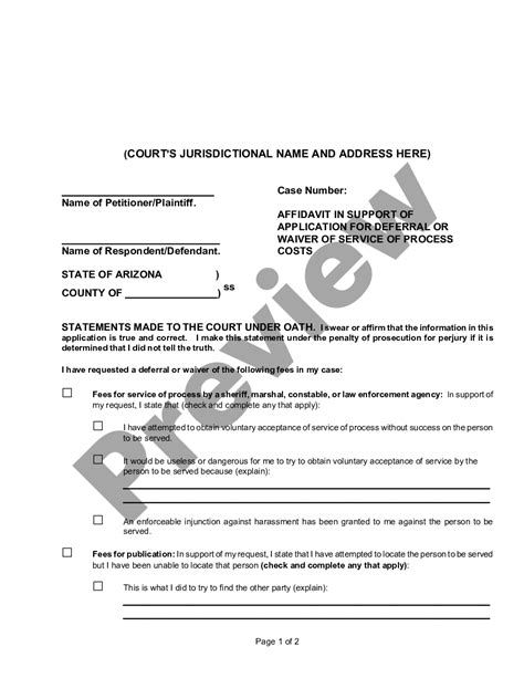 Arizona Affidavit In Support Of Application For Deferral Or Waiver Of