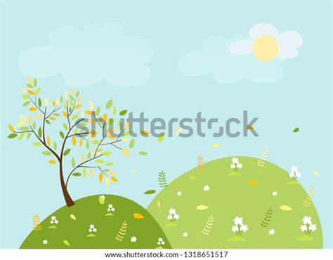 Cute Cartoon Spring Landscape Tree Leaves Stock Vector Royalty Free