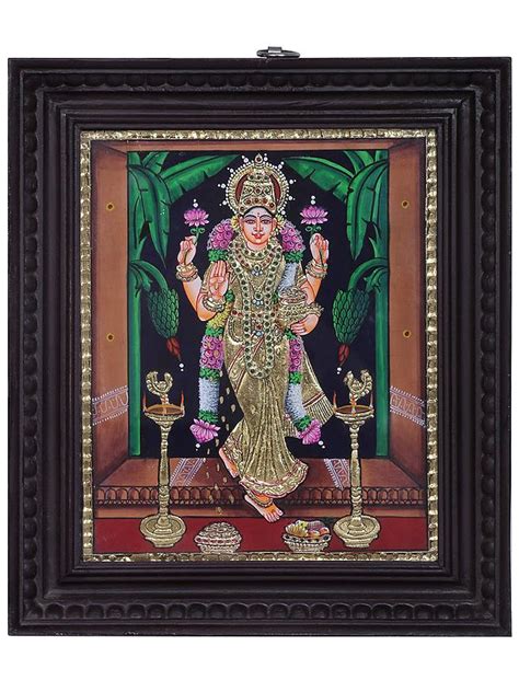 Standing Goddess Lakshmi Tanjore Painting Traditional Colors With K