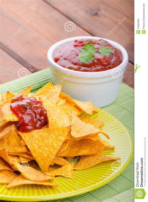 Tortilla Chips With Spicy Tomato Salsa Stock Photo Image Of Cuisine