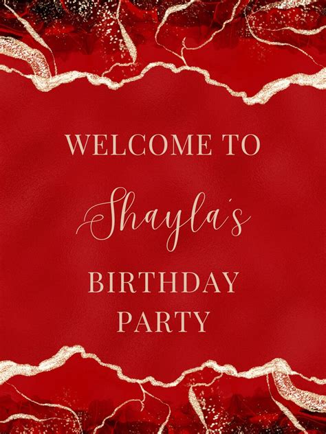 Editable Red And Gold Birthday Welcome Sign Agate Luxury Etsy