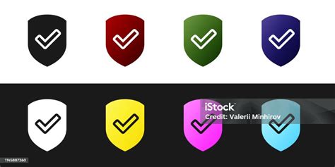 Set Shield With Check Mark Icon Isolated On Black And White Background