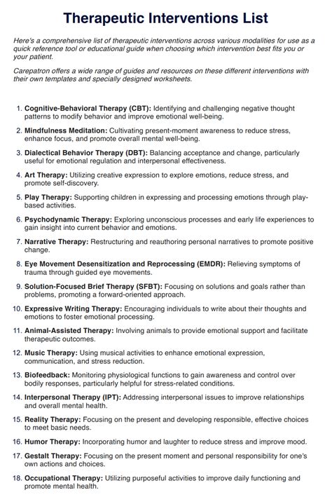 Therapeutic Interventions list & Example | Free PDF Download