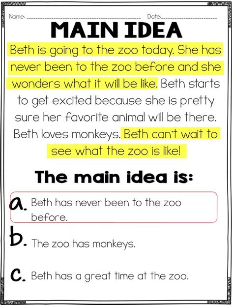 Highlight The Supporting Details And Find The Main Idea Main Idea Common Core Teaching