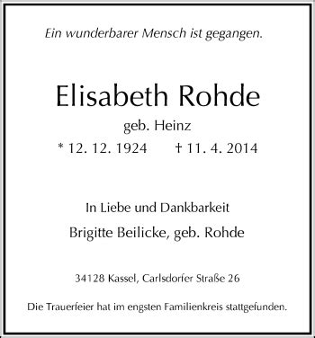 Traueranzeigen Von Elisabeth Rohde Trauer Hna De