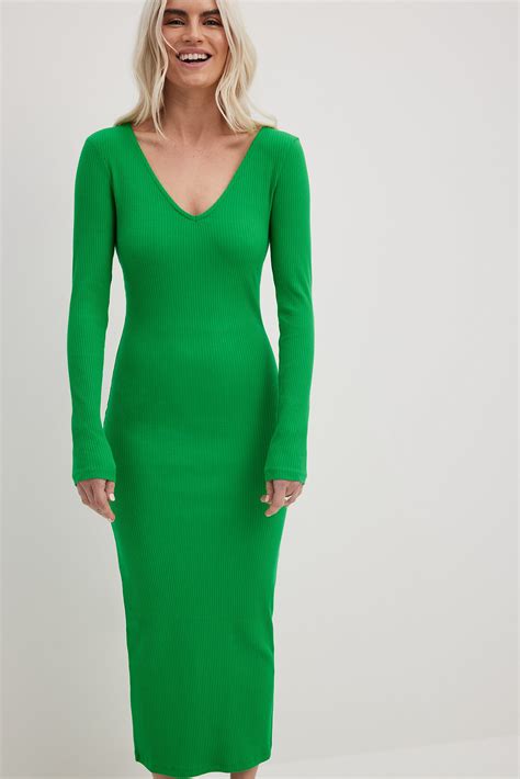 V Neck Ribbed Midi Dress Green Na Kd