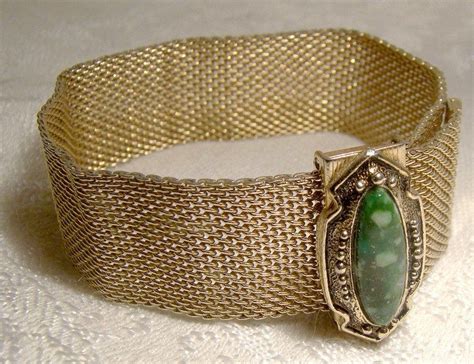 Sarah Coventry Gold Plated Green Stone Mesh Bracelet S S Etsy