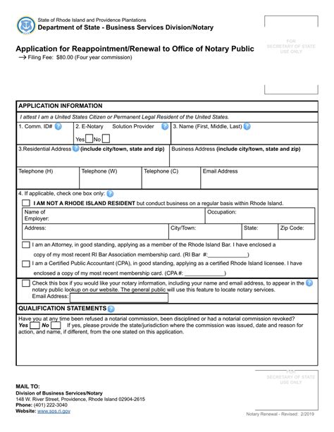 Rhode Island Application For Reappointment Renewal To Office Of Notary