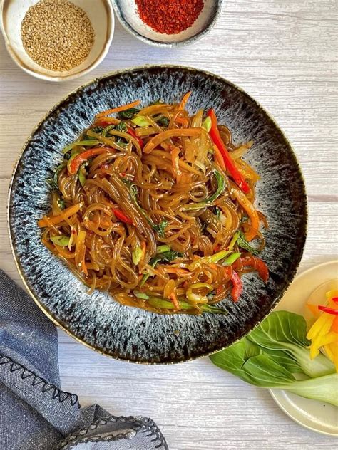 Vegetarian Japchae Korean Stir Fried Glass Noodles Recipe