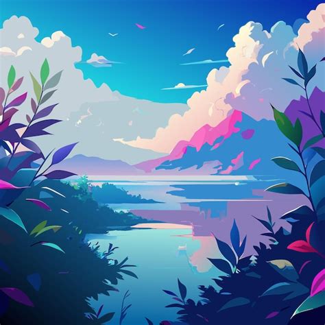 Una pintura digital de un lago con plantas coloridas y montañas en el