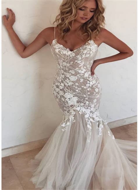 Spaghetti Straps Mermaid Wedding Dress With Train Lace Tulle Prom Dress Pd22287 On Storenvy