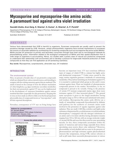 Pdf Mycosporine And Mycosporine Like Amino Acids A Paramount As