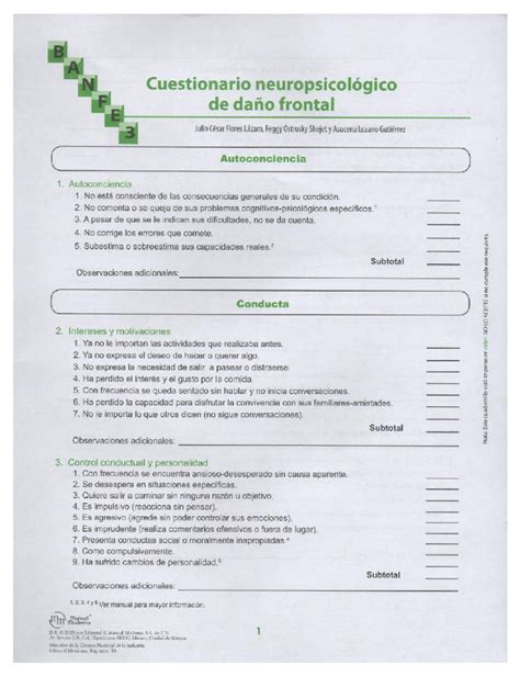 Banfe 3 Cuestionario neuropsicológico del daño frontal Psicología