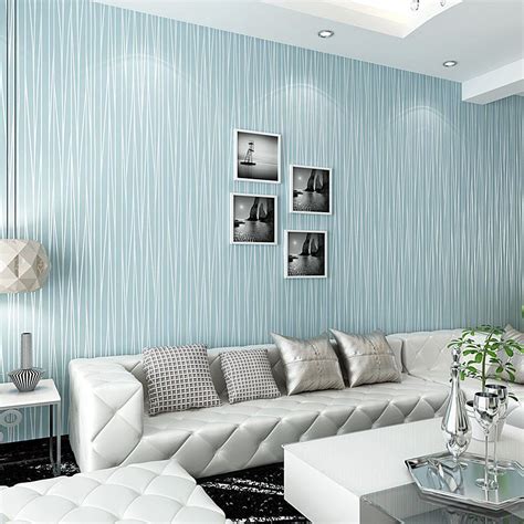 Blue And Silver Striped Wallpaper For Textured Wall In Living Room