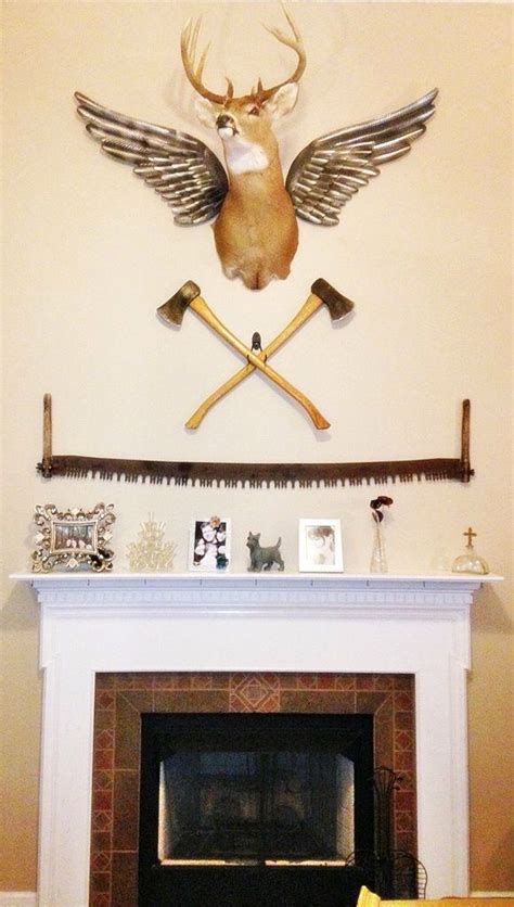 Deer Mount With Metal Wings Axe Wall Fireplace Mantle Decor