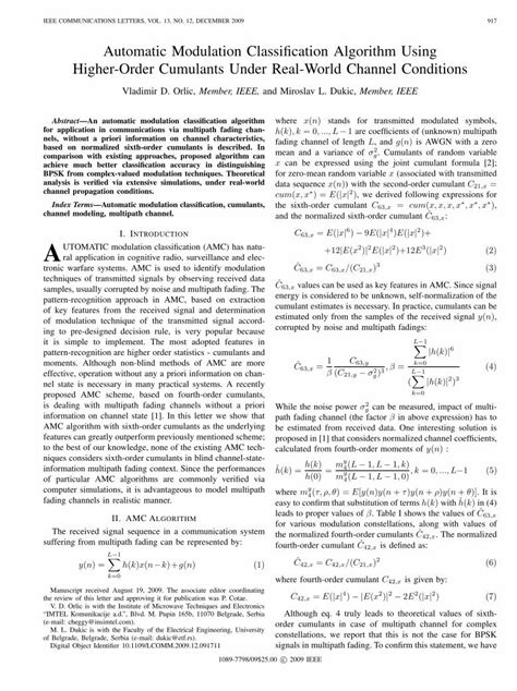 Pdf Automatic Modulation Classification Algorithm Using Higher Order