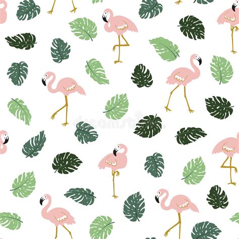 Tropical Seamless Pattern With Pink Flamingos And Green Palm Leaves