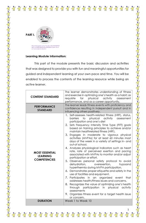 11 Physical Education Part I Learning Module Information This