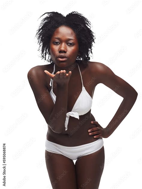 Portrait Blowing Kiss And Black Woman With Bikini Lingerie And Romantic Gesture For Valentines