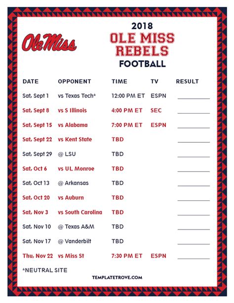 Printable 2018 Ole Miss Rebels Football Schedule