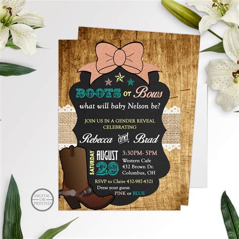 Boots Or Bows Gender Reveal Invitations Gender Reveal Party Etsy