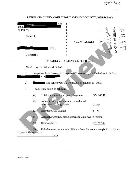 Knoxville Tennessee Default Judgment Certificate Us Legal Forms