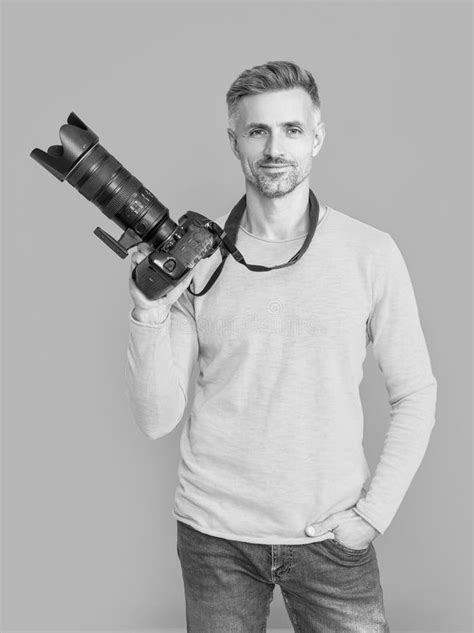 Smiling Man Photographer With Camera Isolated On Blue Man Photographer