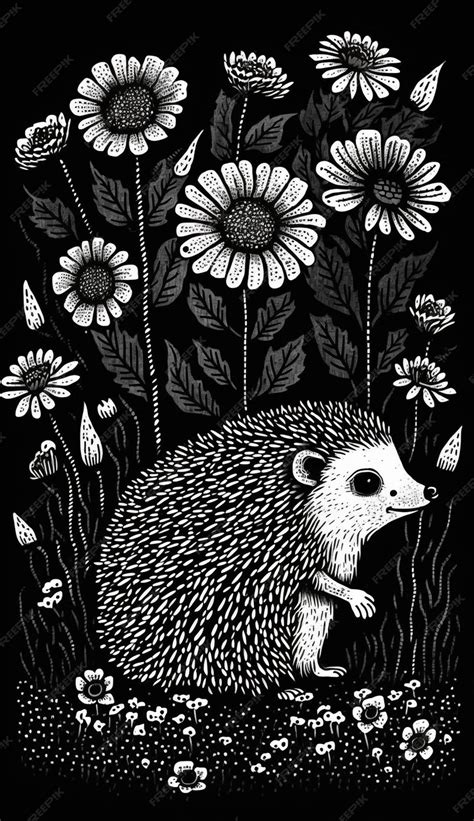 Premium AI Image | A black and white illustration of a hedgehog with ...