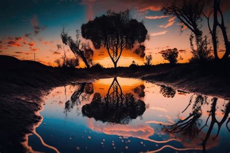 Charco De Agua Que Refleja El Cielo Durante La Puesta De Sol Con Una