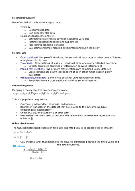 Concise ECON2206 Notes Econometrics Overview Use Of Statistical