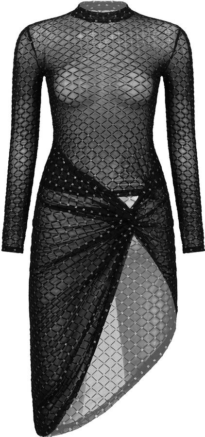 TiaoBug Women S Sexy Long Sleeve Glitter Sheer Mesh Bodycon Wrap Dress