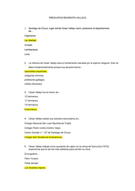 Aa Control DE Lectura VIDA Y OBRA DE César Vallejo 1 PREGUNTAS