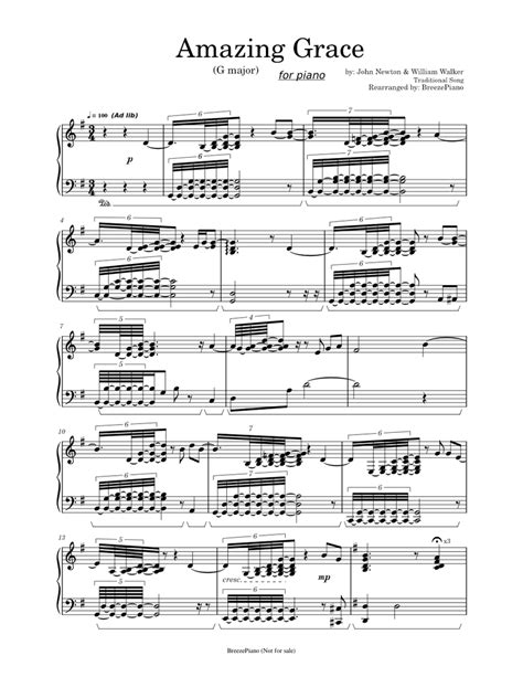 Amazing Grace In G Major For Piano Sheet Music For Piano Solo