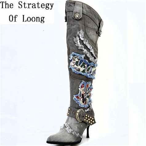 Women Vintage Thin High Heel Pointed Toe Denim Buckle Crystal Rivets