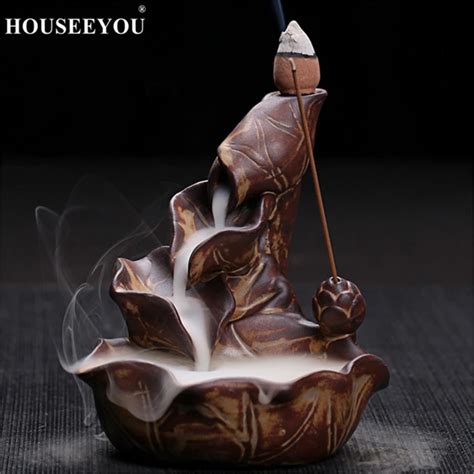 Houseeyou Ceramic Lotus Incense Burner Waterfall Backflow Incense Holder Home Decor Buddhist