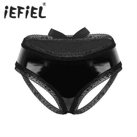 Sexy Women Lingerie Wetlook Faux Leather Open Back Floral Lace Bowknot