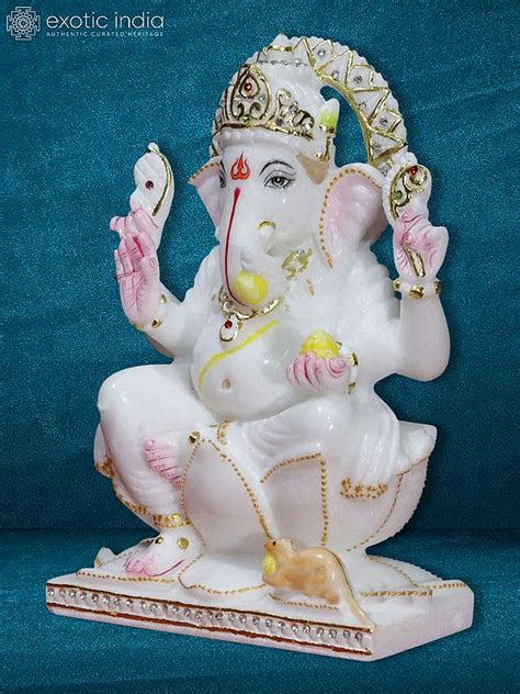 Lord Ganesh Sitting On Lotus Flower Statue Makrana Marble Statue