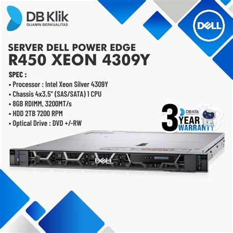 Server Dell Poweredge R450 Xeon 4309y 8gb Rdimm Hdd2tb Dvdrw Dell R450