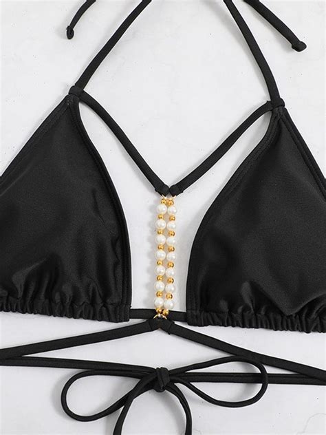 Emmiol Env O Gratis Conjunto De Bikini Negro Con Adorno De Perlas