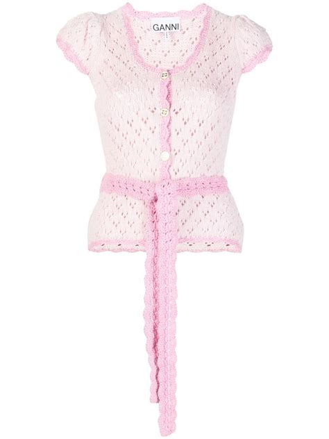 Ganni Lace Short Sleeve Cardigan In Pink Modesens