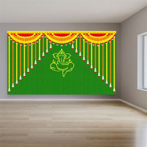 Ganesh With Marigold Backdrop Pooja Cloth Pooja Backdrop Cloth