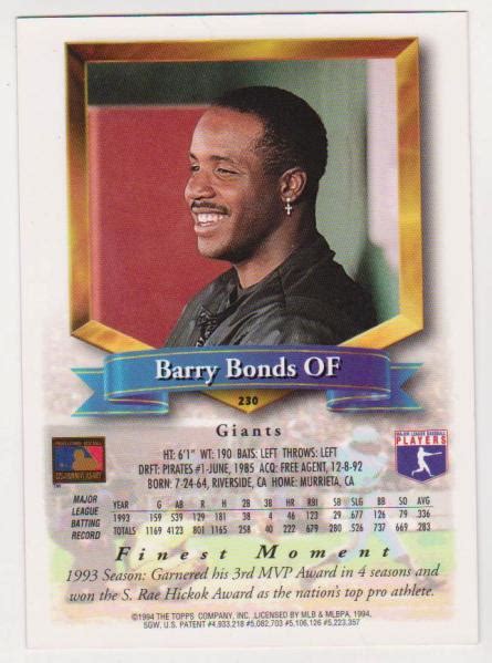 1994 Finest Jumbo Barry Bonds 230 Card Only Found In Boxes Scarce