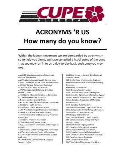 ACRONYMS CUPE Alberta Canadian Union Of Public Employees